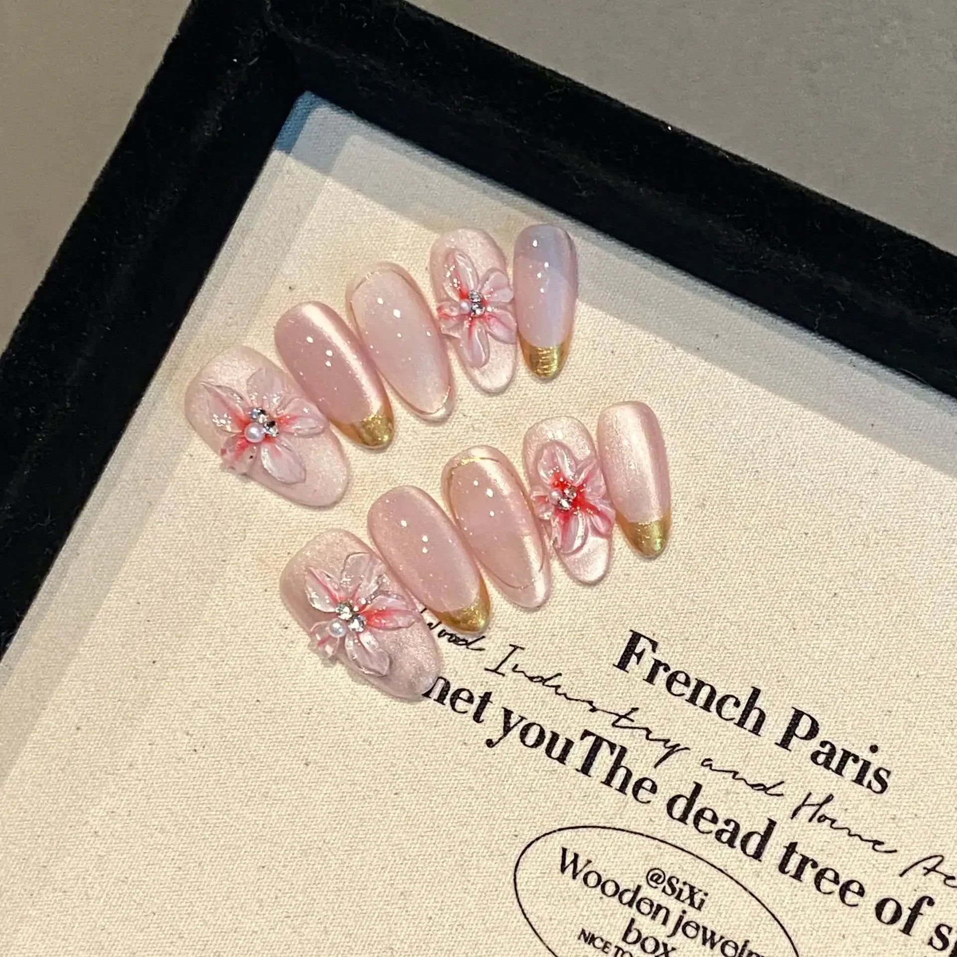 Hnewly 10pcs Aurora Almond Press On Nails Short French Fake Nails Butterfly 3D Design False Nail Full Cover Wearable Manicure Nail Tips