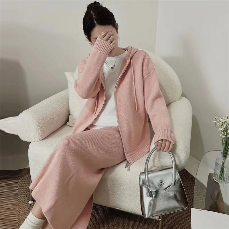 Hnewly Korean Lazy Style Women Knitted Sweater Casual Set Autumn Winter Hooded Zipper Cardigan Tops Knitwear Long Skirt Two-piece Suit