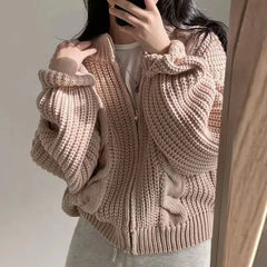 Hnewly FALL OUTFITS Chic Zipper Up Knitted Cardigan Women Autumn Winter Solid Color Twisted Sweater Woman Wild Long Sleeve Jumper Coats Mujer