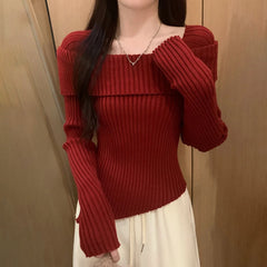 Hnewly Women Knitted Sweater Solid Color Square Collar Long Sleeve Asymmetrical Hem Crop Top y2k Aesthetic Clothing Streetwear