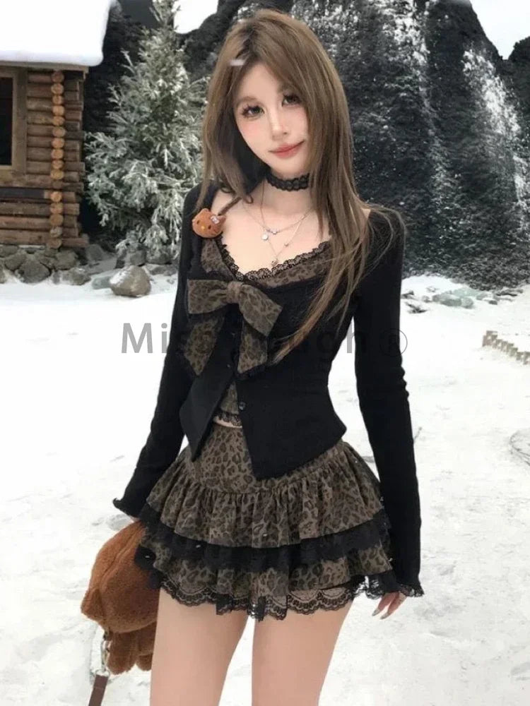 Hnewly Autumn Winter Sexy Leopard Print Skirt Suit Women Fake Two Piece Tops + Lace Cake Skirt Set Japanese Y2k Bow Sets 2000s Clothing