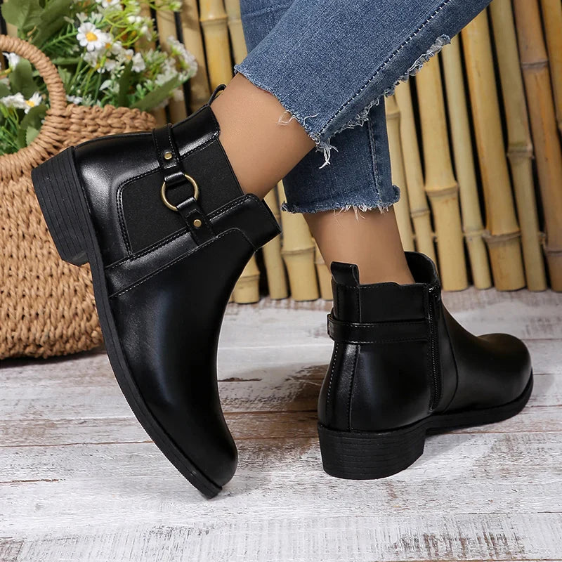 Hnewly Pu Leather Classics Black Thick Heel Ankle Boots Metal Zipper Low Platform Woman Shoes Winter Round Toe Slip On Short Boots