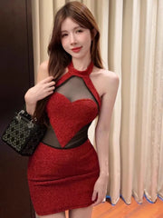 Hnewly Sexy 3D Heart Halter Red Night Party Dress Women Summer Sweet High Waist Backless Slim Fit Sleeveless Y2k Mini Dresses