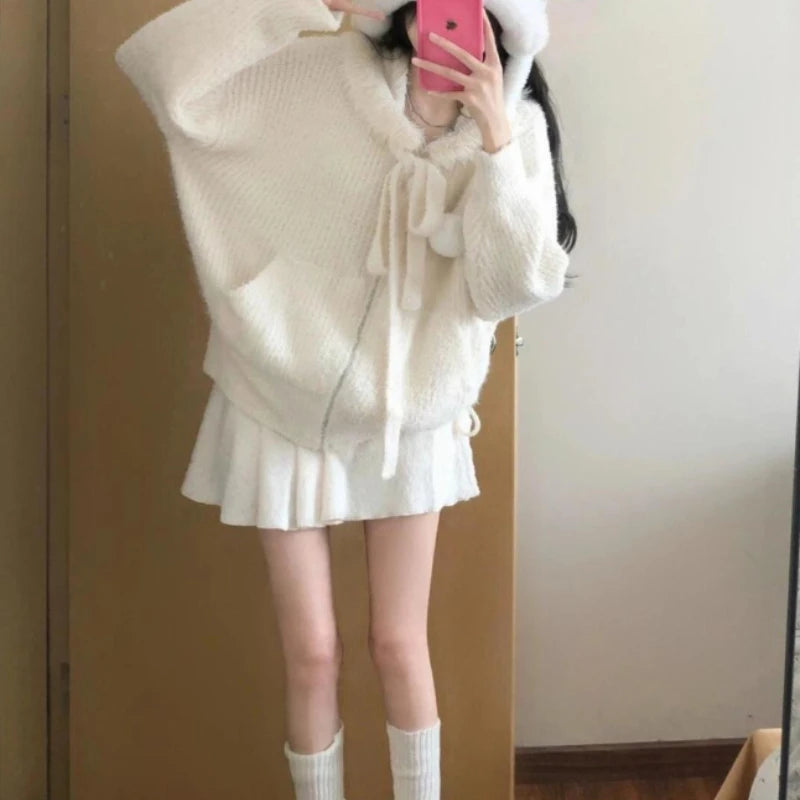 Hnewly Kawaii Sweet Knitted Cardigan Women Elegant Zip Up Hooded Cardigan Cute Japanese Style Solid Autumn Winter Sweater Coat