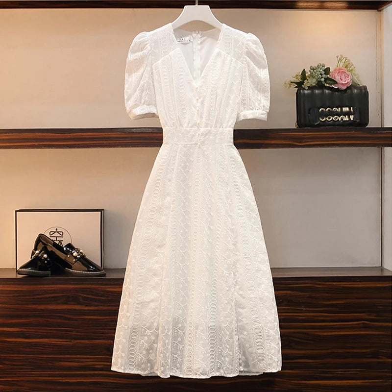 Hnewly DRESS TO IMPRESS Elegant V-neck Midi Dress Women Summer Puff Sleeve White Casual Party Dress Female Office Kawaii Lace One-piece Dress Korean Y2k