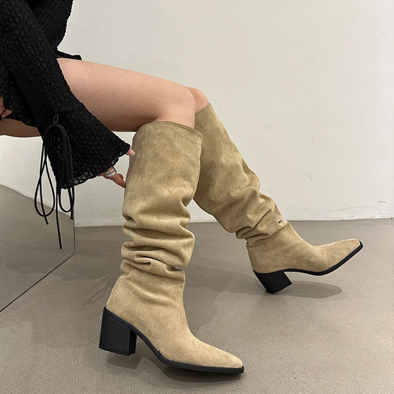 Hnewly Designer Vintage Women Knee High Boots Fashion Slip On Long Booties Autumn Winter Thick Heels Ladies Shoes