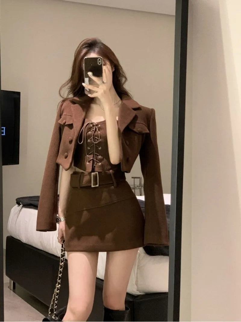 Hnewly Elegant Fashion Long Sleeve Coat Women+ Sexy Slim Fit Camisole Tops+ Y2k High Waist Bodycon Skirts Sping New Three Piece Sets