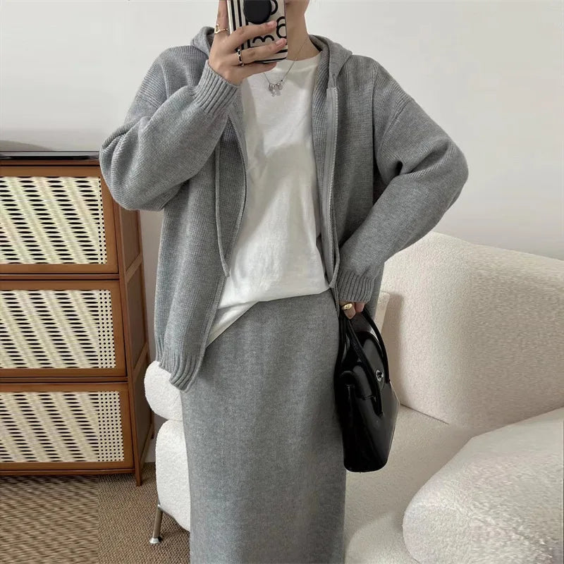 Hnewly Korean Lazy Style Women Knitted Sweater Casual Set Autumn Winter Hooded Zipper Cardigan Tops Knitwear Long Skirt Two-piece Suit