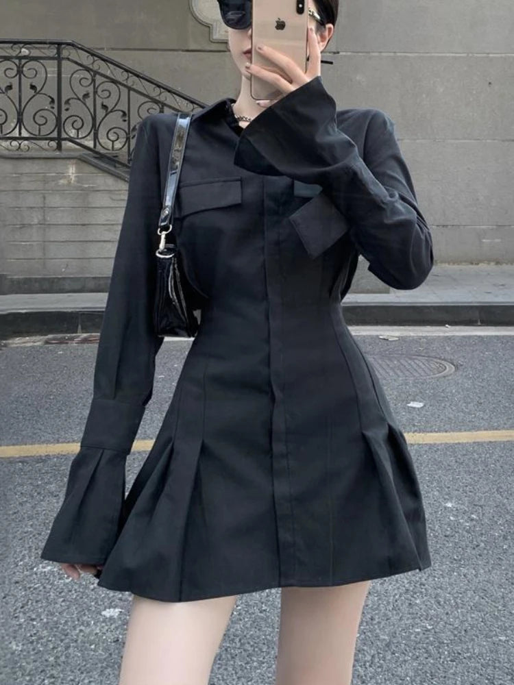 Hnewly Black Shirt Dress Women Elegant Vintage Long Sleeve Dresses Sexy Gothic Pleated Streetwear Turn-down Collar Casual Robe