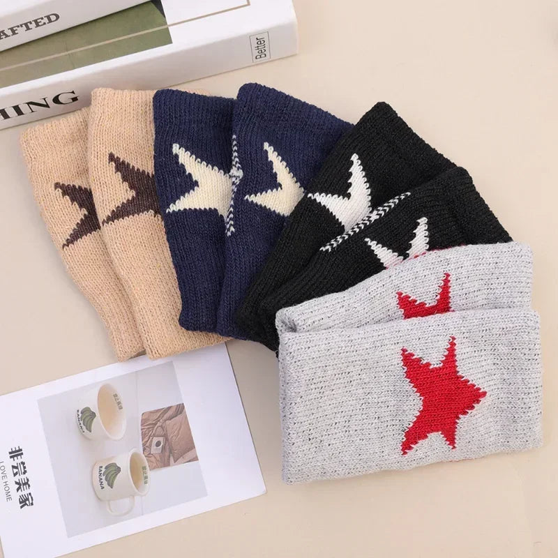 Hnewly Autumn Winter Knitted Woolen Gloves Ins Fashion Y2K Men Women Half Finger Warm Five Pointed Star Fingerless Gloves Unisex