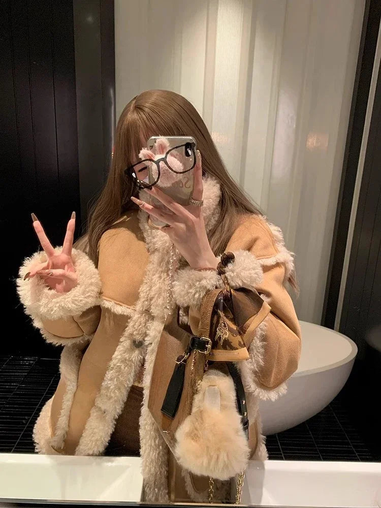 Hnewly Winter Warm Overcoats Women Outwear Casual Y2k Office Lady Vintage Faux Fur Wool Coat Ladies Korean Fashion Khaki Jackets Chic