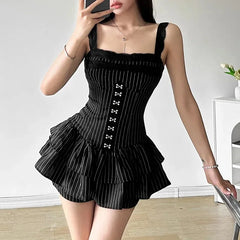 Hnewly Vintage Dark Fairy Grunge Striped Ruffles Hem Culottes Sexy Lace Straps Y2K Playsuits Gothic Trim Zip Dress Streetwear + Shorts