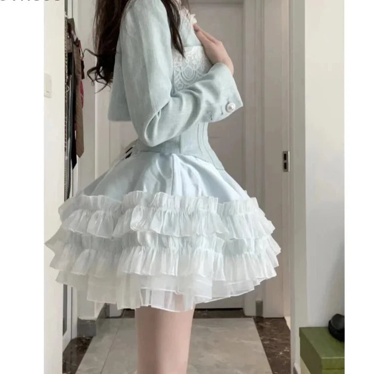 Hnewly Blue Sweet Kawaii Lolita Style Dress Sets Women Elegant Short Coat Bow Pearl Party Mini Dresses Suit Korean Y2k Sexy 2 Piece Set