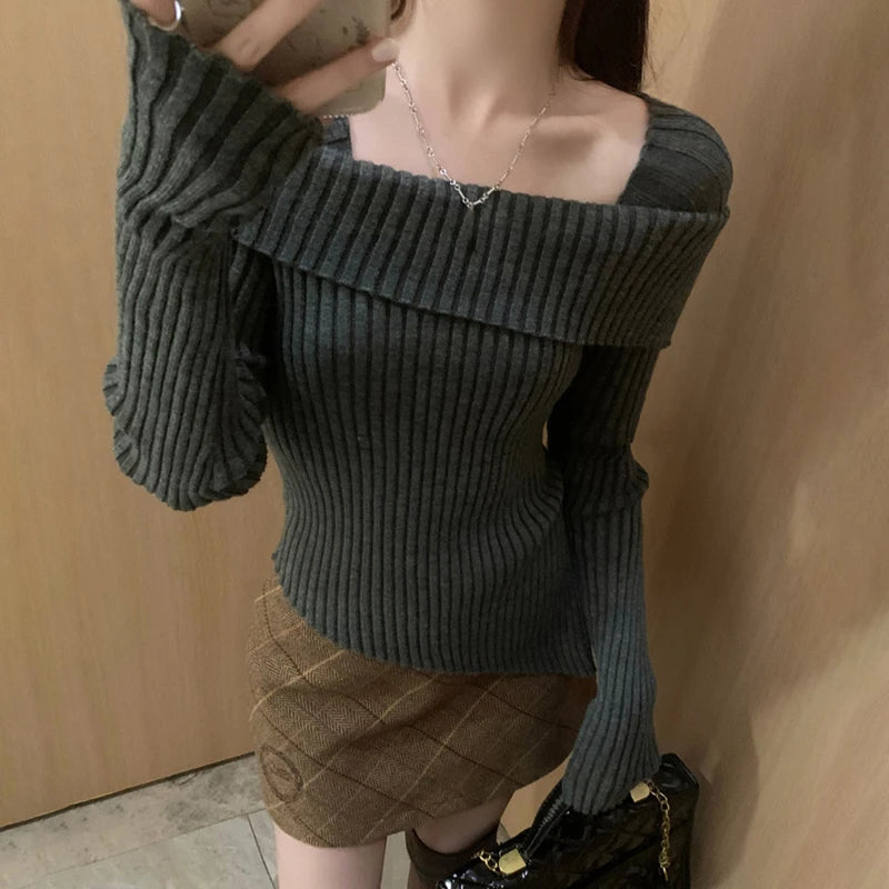 Hnewly Women Knitted Sweater Solid Color Square Collar Long Sleeve Asymmetrical Hem Crop Top y2k Aesthetic Clothing Streetwear