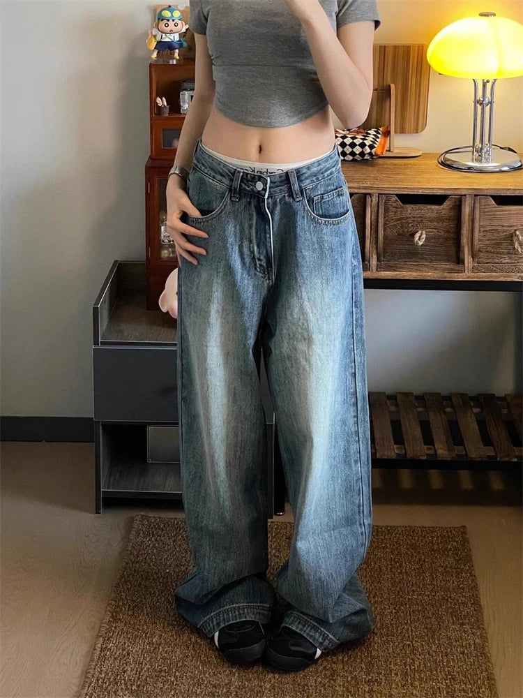 Hnewly Women's Casual Y2k Baggy Streetwear Unisex Jeans Cool Girl High Waist 90s Cowboy Trouser Female Wide-leg Edge Denim Pants