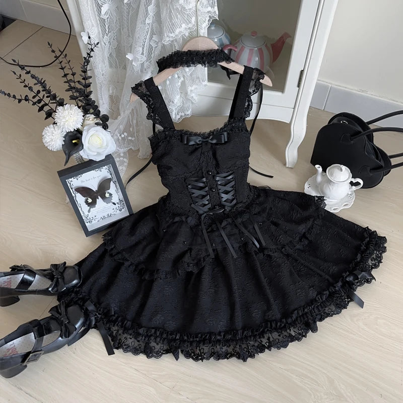 Hnewly Japanese Sweet Lolita Jsk Dress Women Elegant Ruffles Lace Bandage Princess Strap Dresses Girls Y2k Kawaii Tea Party Mini Dress