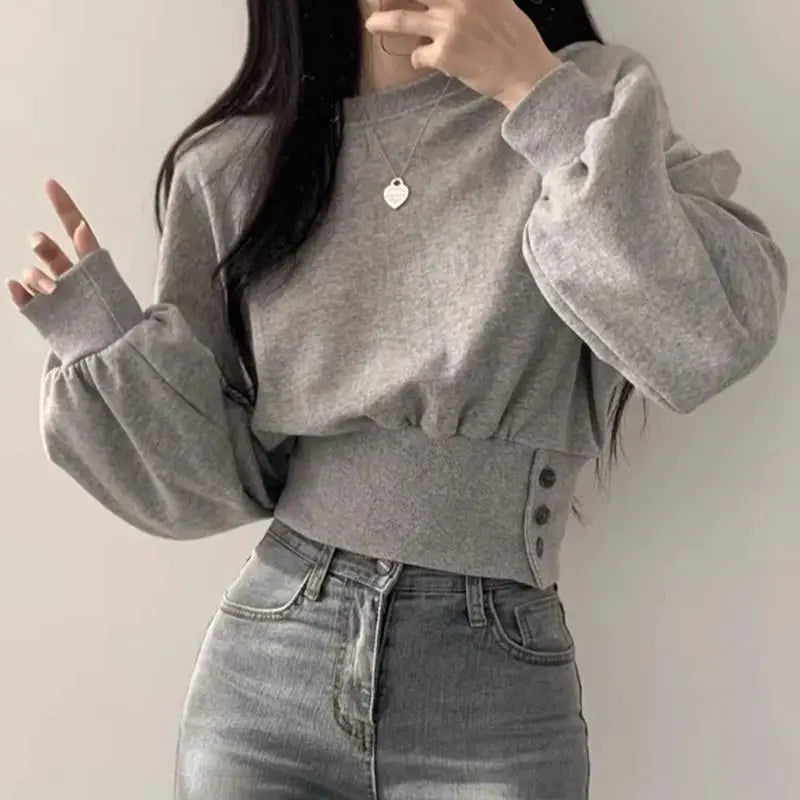 Hnewly Korean Chic Autumn Round Neck Buckle Waist Slimming Long Sleeve Short Pullover Women Hoodie Top Gray Sweatshirt Women Clothing