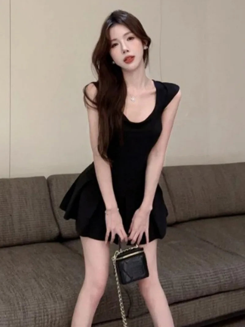 Hnewly Fashion Sexy Backless Lace Up Black Dresses Y2k E-Girl Slim Waist Dress for Women 2025 Summer New A-line Vestidos Mujer