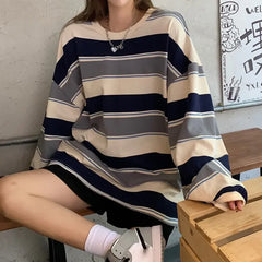 Hnewly going out outfits winter Women T shirts Woman clothing Striped Top Sweatshirt korean fashion Long Sleeves Tee Patchwork Loose Couple T-shirts