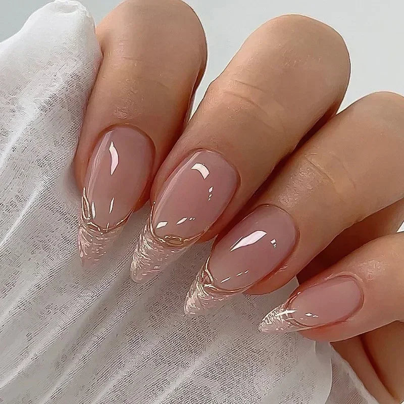 Hnewly 24Pcs French False Nails Almond Fake Nails with Glue Press on White Edge Design Wearable Simple Ins Pink Stiletto Nail Tips