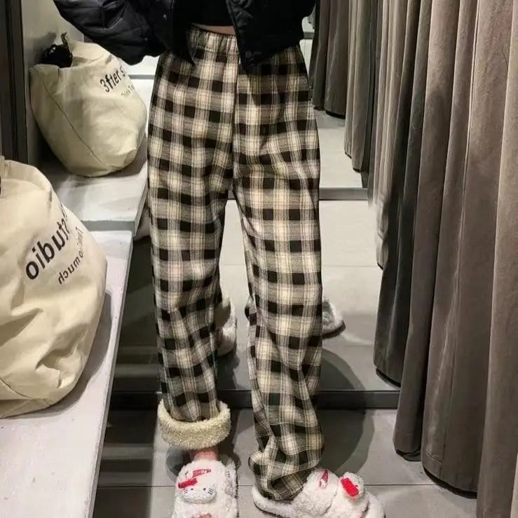 Hnewly warm winter outfits Padded Thickened Wide Leg Pants Winter LambswoolPlaid Pants Female High Waist Casual Straight Pants