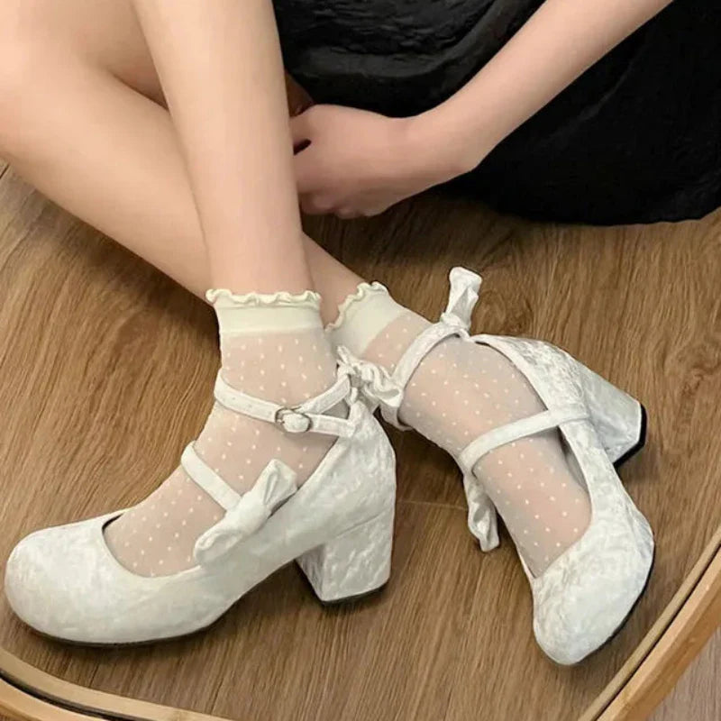 Hnewly High heeled Mary Jane shoes Women New French Velvet Thick Heel Pumps Female Square Heel Single Shoes White Party Sandals