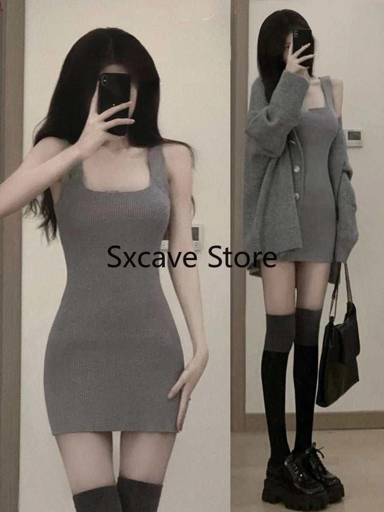 Hnewly Gray 2 Piece Dress Set Women Casual Long Sleeve Cardigan + Bodycon Strap Sweater Dress Evening Party Knitted Suit