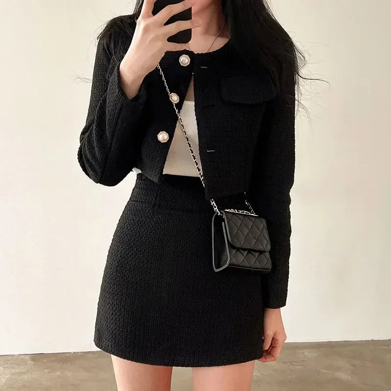 Hnewly FALL OUTFITS Women Outfits Tweed 2 Two Piece Sets Long Sleeve Pearl Buttons Short Jacket and A-line Mini Skirt Set Fall Spring