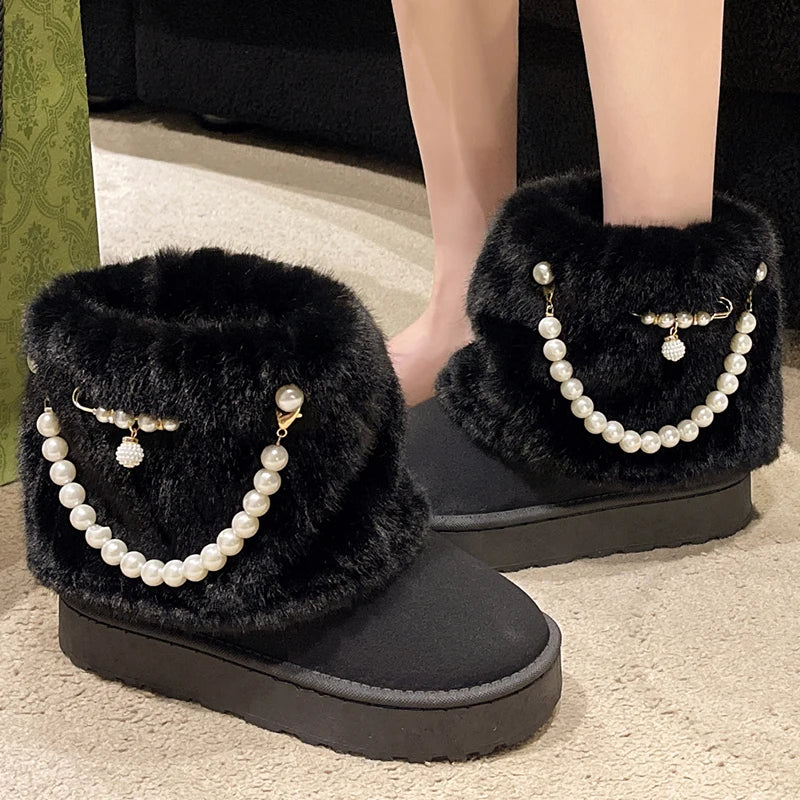 Hnewly Winter New String Bead Plush Women's Boots Warm Stylish Thick Platform Slip On Boots Faux Fur Plus Size 43 Ankle Botas Shoes