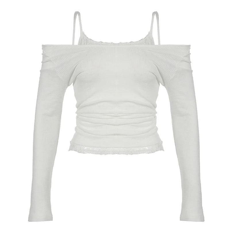 Hnewly Coquette See Through Lace Cami and Pullover Two-piece Top Autumn Spring Chic T-shirts Matching Suit Korean Style Tees