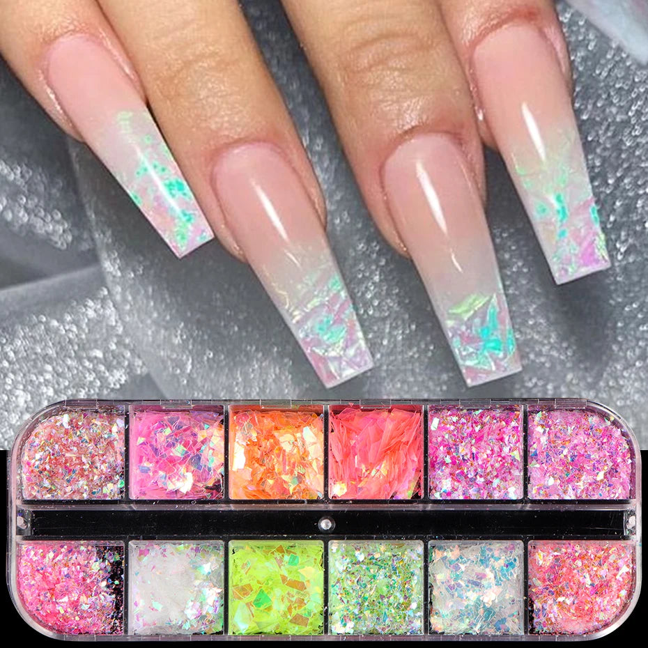 Hnewly 12 Grids Aurora Chameleon Nail Glitter Flakes Irregular Crystal Glass Sequins Powder Shiny Mermaid Paillette Nail Art Decoration