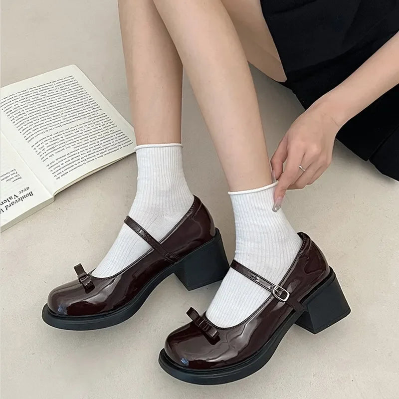 Hnewly Brown Jk Uniform Shoes British Style Retro Japanese Mary Jane Shoes Women's Lolita Bow Sweet Girls Kawaii Mid Heel Cute Laofers