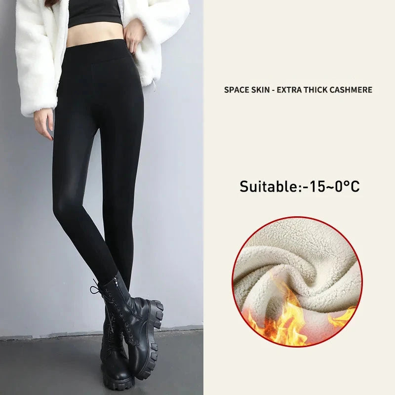 Hnewly Autumn Winter Black Fleece Matte Leather PU Leggings Women's High Waist Elasticity Lift Buttock Trousers Skinny Legging Pants