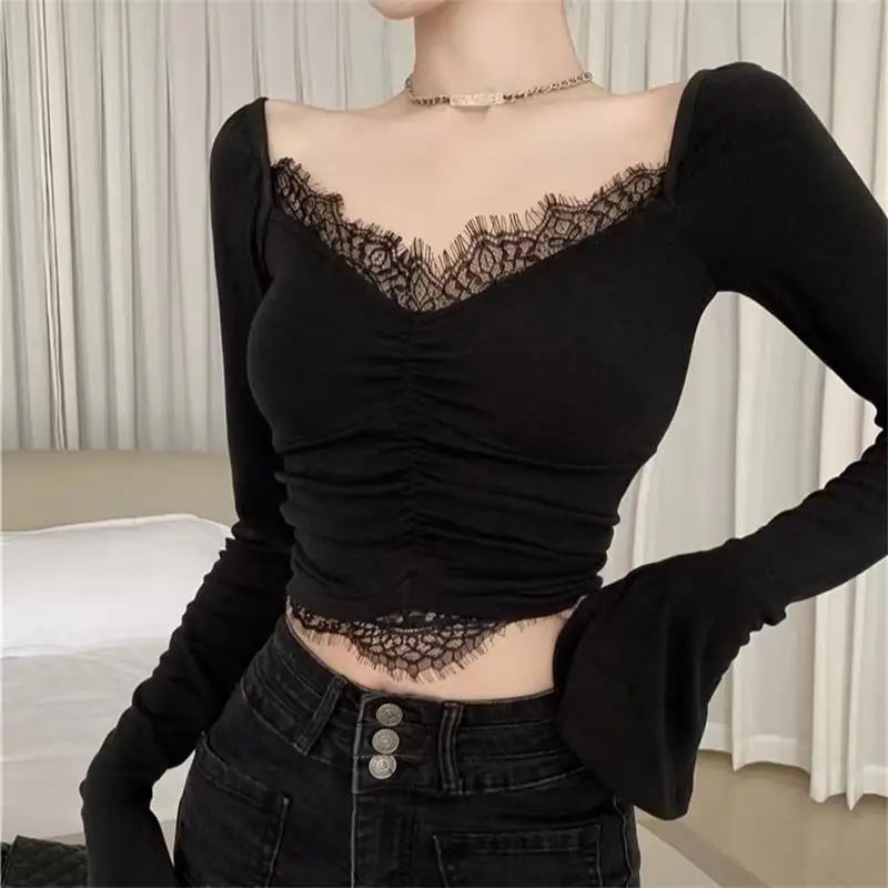 Hnewly FALL OUTFIT Korean Crop Top Autumn Women Aesthetic V-neck Lace Patchwork Solid Color Tops Sexy Skinny Casual Long Sleeve T-shirt