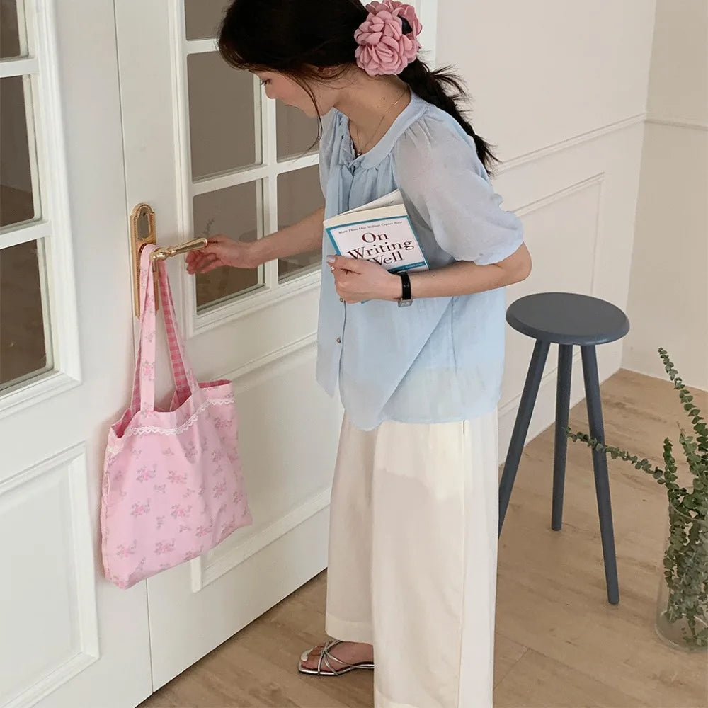 Hnewly Pink Floral Canvas Shoulder Bag Handbag Korean Travel Beach Bag Double-sided Shopping Totes Bag Girl Lace Underarm Bag