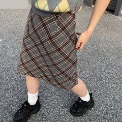 Hnewly Grey Plaid Skirts Women Autumn High Waist French Temper College A-line Skirt Faddish Simple Retro Designer Knee-length Faldas