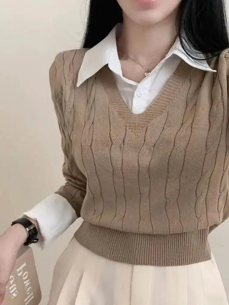 Hnewly going out outfits winter Fashion Winter Knitted Sweater Women Casual V-Neck Pullover All-match Female Clothing Loose Fake Two Items Short Tops Jumper