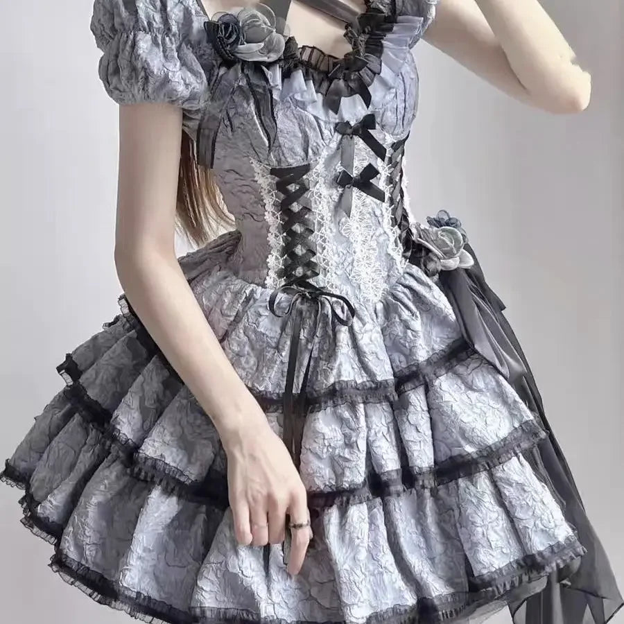 Hnewly DRESS TO IMPRESS Gothic Lolita Jsk Dress Women Victorian Retro Elegant Flower Ruffles Lace Bandage Mini Dress Halloween Girl Sweet Dress