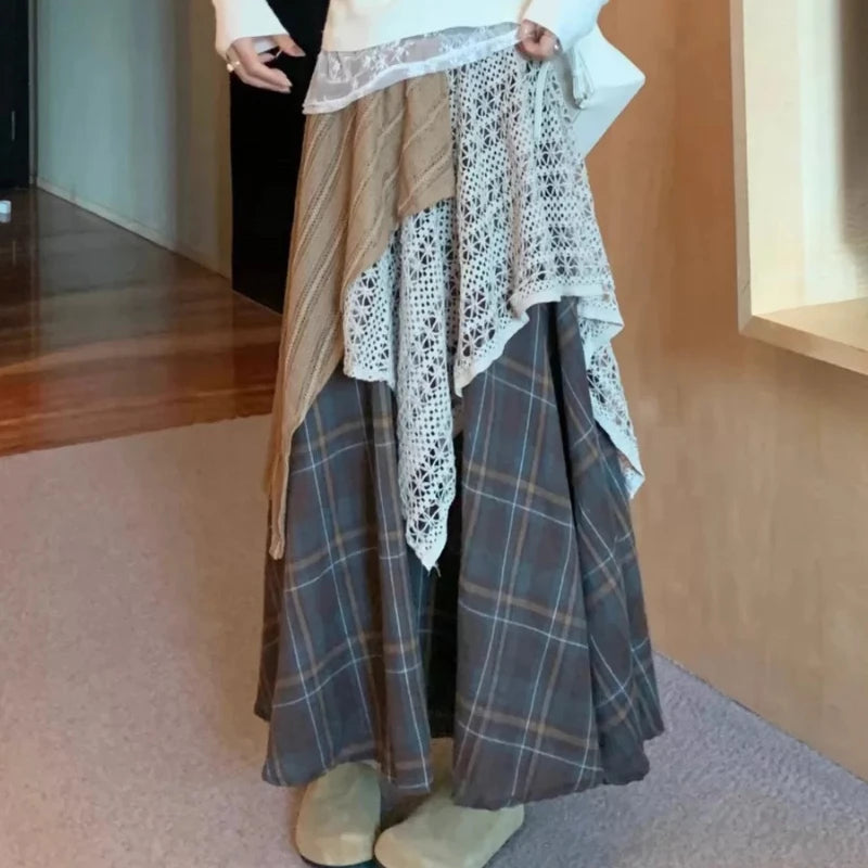 Hnewly Vintage Long Skirt Women Japanese Style Patchwork Plaid Skirts Harajuku Loose Street Casual Ruffle Skirts Aesthetics