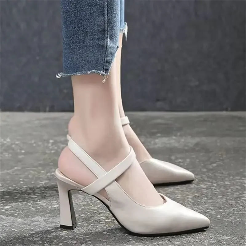 Hnewly Women High Heels Shoes Pointed Toe Thick Heel Soft Sexy Pu Leather Slip on Pumps sandals woman Casual Party Office Shoes