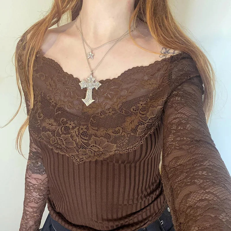 Hnewly y2k Fairycore Tops Women Clothing Brown Lace Patchwork Long Sleeve Knitted T Shirts 2000s Aesthetic Clothes Streetwear