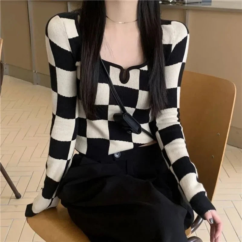 Hnewly Y2K Plaid Knitting Sweaters Autumn New Long Sleeve Slim Youth Short Korean Pullovers Top Fashion Temperament Women Clothing