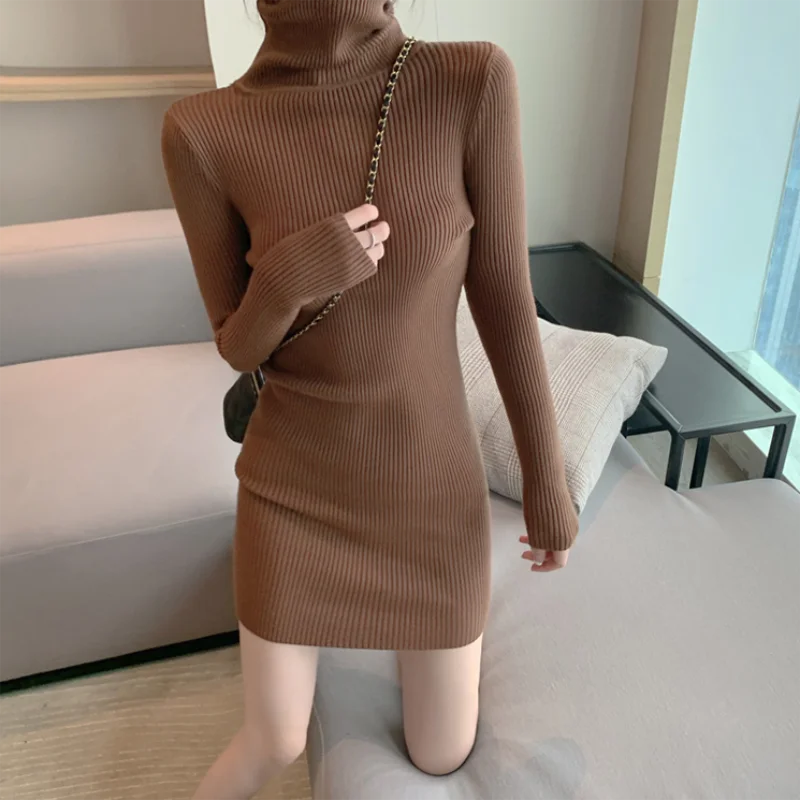 Hnewly trashy outfits Women Autumn Winter Turtleneck Warm Bodycon Dress Long Sleeve Knit Solid Office Pullover Sexy Mini Dress for Ladies