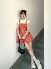 Hnewly Y2k Coquette Kawaii Cute Plaid Shirt Dress Women Preppy Style Sweet Girls Short Party Dresses 2024 Summer Fashion