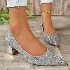 Hnewly Silver Glitter Thick Heels Pumps Women Luxury Pointed Toe Party Wedding Shoes Woman Plus Size 42 Shallow High Heels Pumps Ladies