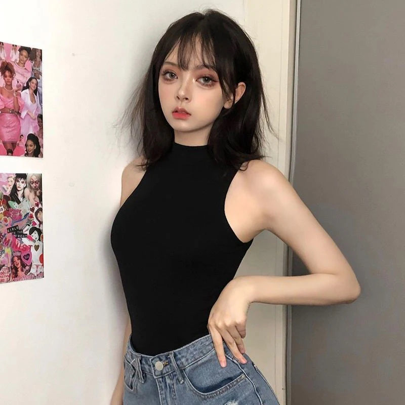 Hnewly Harajuku Black Women T Shirt Y2K Sexy Slim Sleeveless Female Casual Tees Summer Gothic Ladies Bodysuits Clothing Jumpsuit