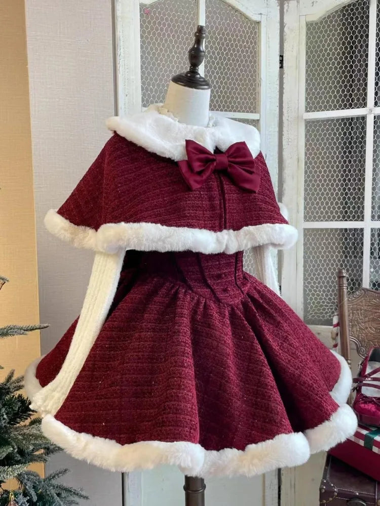 Hnewly Christmas New Year 3 Piece Set Sweet Lolita Style Dress Sets Womens Elegant Chic Bow Plush Shawl Short Jackets Mini Skirts Suit