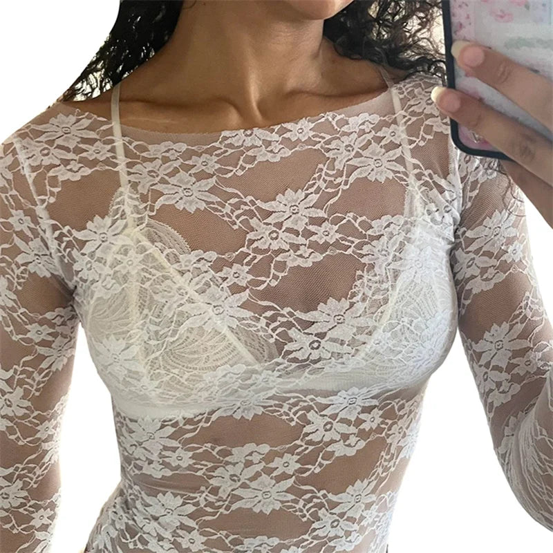 Hnewly Lace Coquette Top Women Sexy Sheer See Through Floral Round Neck Long Sleeve T Shirt y2k Aesthetic Clothing Streetwear