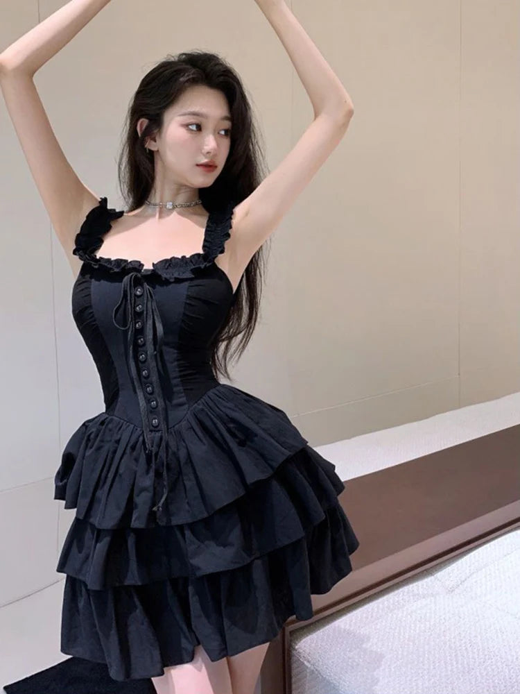 Hnewly Sexy Slip Lolita Style Black Dress Women Vintage Sleeveless Y2K Mini Dress Summer Slim Sweet Korean Lace Up Cake Dress New