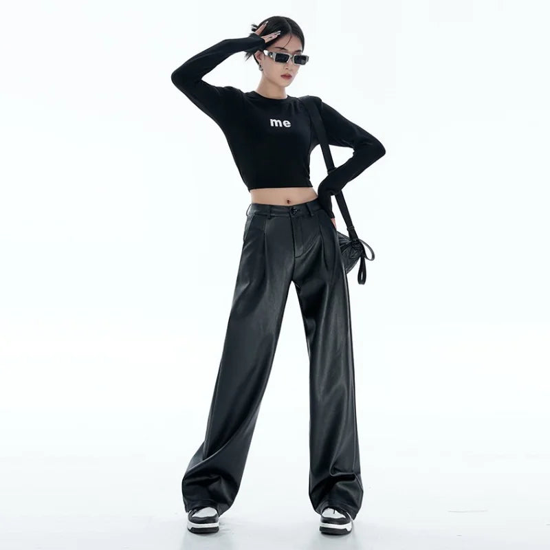 Hnewly Black PU Leather Pants Women Casual Korean Fashion Baggy High Waist Straight Wide Leg Pants Streetwear Y2K Vintage Goth Punk